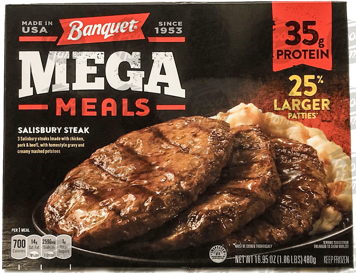 Banquet Mega Meals salisbury steak, 3 pieces with gravy over mashed potatoes Full-Size Picture